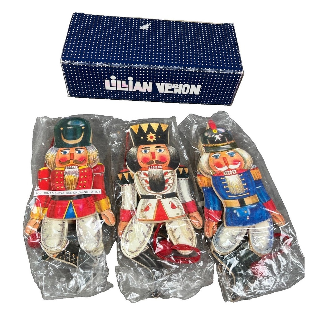 VTG Lillian Vernon Leaping Nutcracker Set 3 Ornament Mechanical Box Jumping 1917